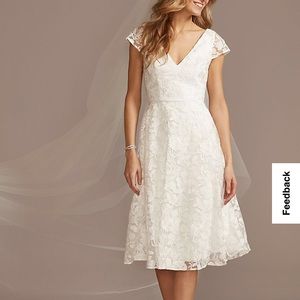 V-Neck Embroidered Lace Cap Sleeve A-Line Dress